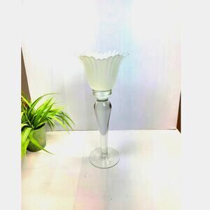 Vintage Tall Glass Candle Holder, Clear Base, Frosted Tulip Votive 13-1/2"